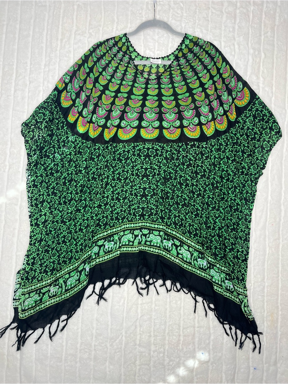 Vintage Lydia Palau Green Boho Poncho Peacock Mandala Fringe Cape Made in Mexico